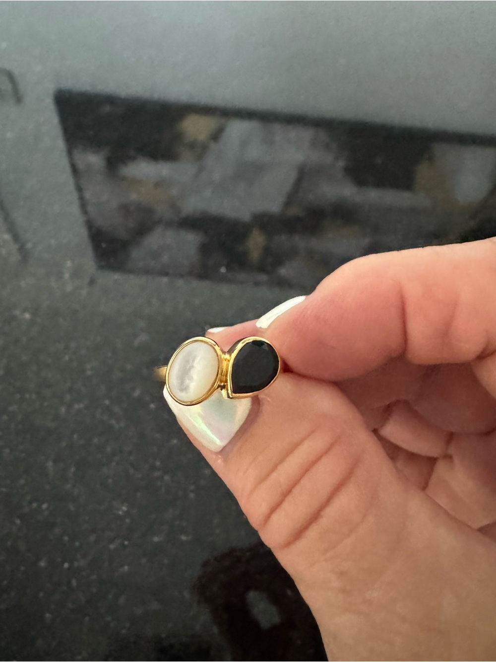 Gold Ring with White Mother-of-Pearl and Black Stone - Women's Jewelry